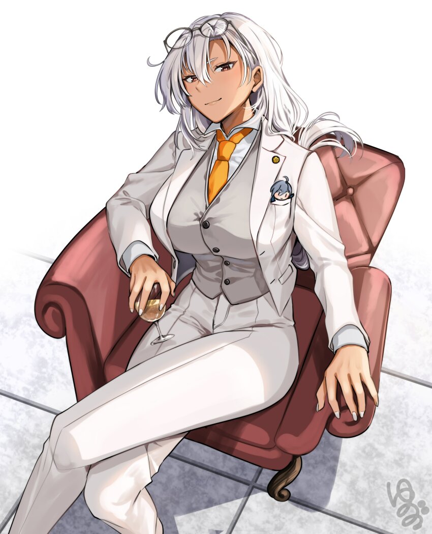 1girl, absurdres, armchair, breasts, chair, collared_shirt, crossed_legs, cup, dark-skinned_female, dark_skin, eyewear_on_head, fairy_(kancolle), formal_clothes, from_above, grey_hair, grey_vest, hair_between_eyes, highres, holding, holding_cup, jacket, kantai_collection, kiyoshimo_(kancolle), large_breasts, long_hair, looking_at_viewer, musashi_(kancolle), nagato_(anniversary)_(kancolle), nagato_(kancolle), necktie, orange_necktie, pants, red_eyes, shirt, signature, sitting, smile, solo, suit, vest, white_jacket, white_nails, white_pants, white_shirt, white_suit, yunamaro