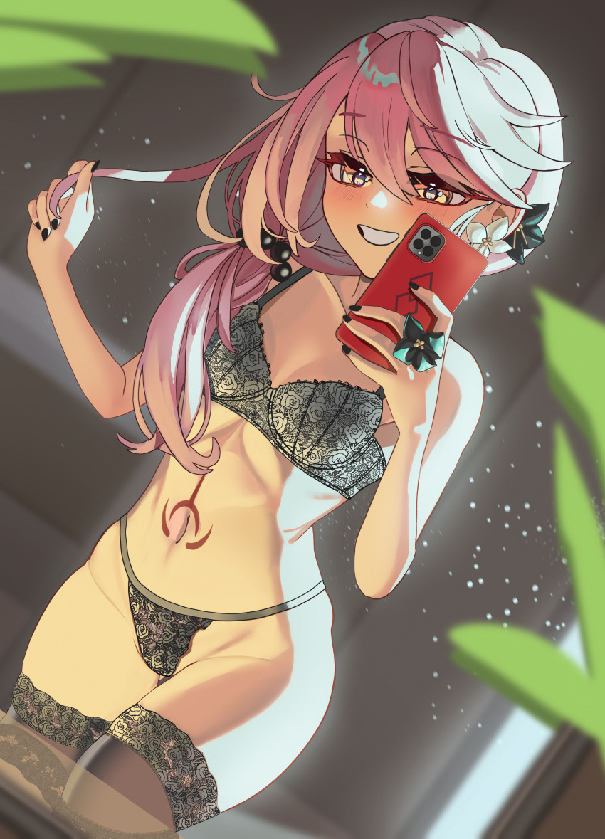 1girl, absurdres, bare_shoulders, black_bra, black_panties, black_thighhighs, blush, bra, breasts, cellphone, chloe_von_einzbern, chloe_von_einzbern_(swimsuit_avenger)_(first_ascension), collarbone, dark-skinned_female, dark_skin, earrings, fate/grand_order, fate_(series), flower_earrings, grin, hair_bobbles, hair_ornament, highres, jewelry, long_hair, looking_at_viewer, mirror_selfie, nail_polish, navel, orange_eyes, panties, phone, pink_hair, selfie, small_breasts, smile, solo, stomach_tattoo, tattoo, thighhighs, thighs, underwear, wwkp_(akisenpai9999)