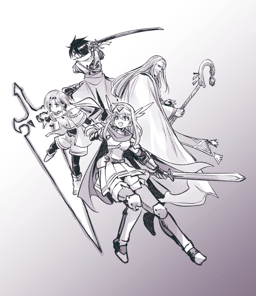 1girl, 3boys, boots, cape, commentary, disciple_(ishiyumi), energy_sword, genna_forten_renan_(ishiyumi), headband, highres, holding, holding_staff, holding_sword, holding_weapon, jacket, katana, kato_takuji, long_hair, ma_no_mono-tachi, melisha_(ma_no_mono-tachi), multiple_boys, old, old_man, pants, robe, short_hair, shorts, skirt, staff, sword, thigh_boots, weapon