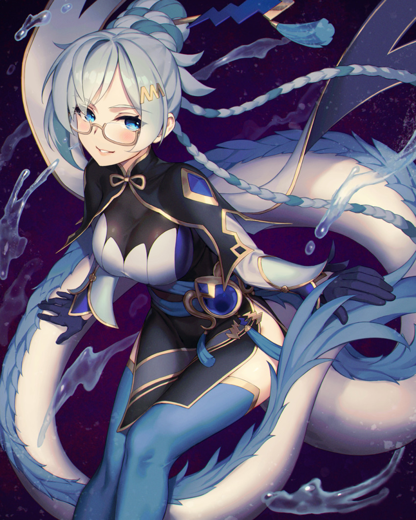 1girl, black_gloves, blue_eyes, blue_hair, blue_thighhighs, blush, braid, breasts