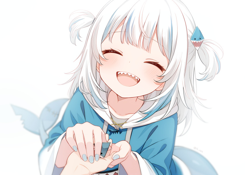 1girl, blue_hair, blue_hoodie, blue_nails, blush, closed_eyes, closed_mouth, fins