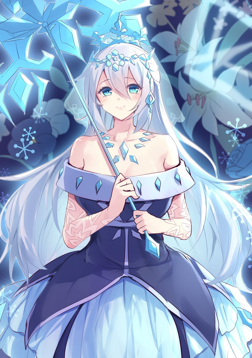 1girl, absurdres, blue_eyes, blush, breasts, closed_mouth, collarbone, dress