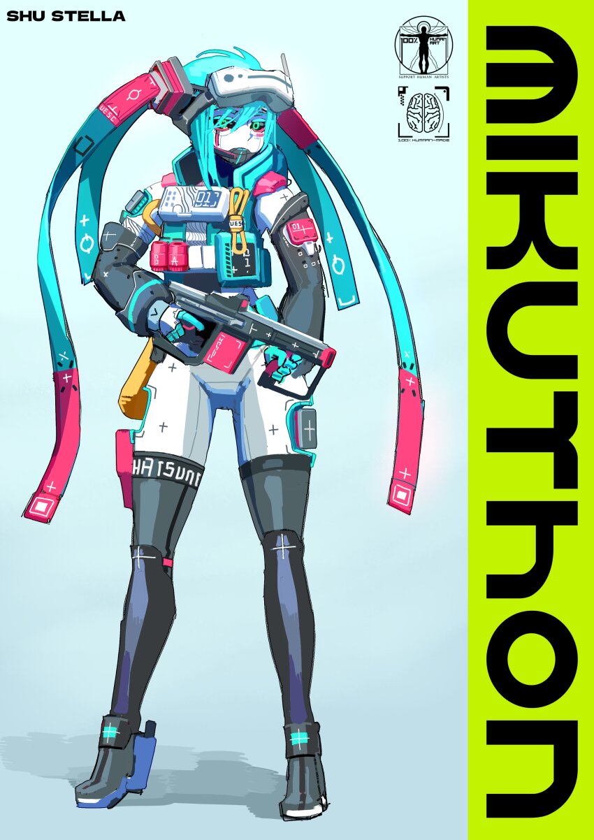 1girl, absurdres, android, artist_name, blue_hair, brain, commentary, english_commentary, green_eyes, gun, hatsune_miku, head-mounted_display, highres, holding, holding_gun, holding_weapon, marathon_(2026), marathon_(series), shoes, shu-stella, simple_background, solo, standing, thighhighs, trigger_discipline, vocaloid, weapon