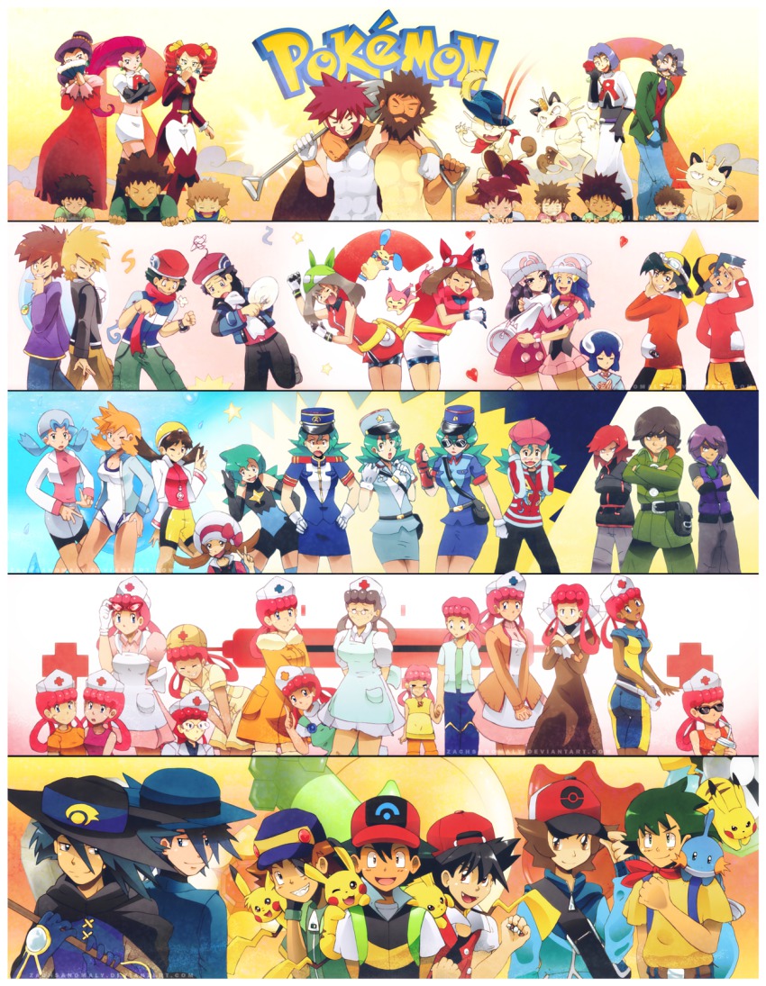 00s, 10s, 1990s_(style), 6+boys, 6+girls, adjusting_eyewear, apron, ash_ketchum, ass, bad_id, badge, baseball_cap, beanie, beard, black_hair, blue_eyes, blue_hair, blue_oak, brandon_(pokemon), breasts, brock_(pokemon), brown_eyes, brown_hair, byron_(pokemon), character_request, child, cleavage, closed_eyes, clothed_pokemon, collarbone, copyright_name, crossover, crying, dawn_(pokemon), dress, dual_persona, ethan_(pokemon), everyone, facial_hair, fangs, flint_(pokemon_anime), forrest_(pokemon), frontier_brain, gary_oak, gen_1_pokemon, gen_3_pokemon, glasses, gloves, green_hair, grey_hair, grin, gym_leader, badge_(pokemon), hair_between_eyes, hair_ornament, hat, highres, hilbert_(pokemon), holding, holding_poke_ball, hug, in-franchise_crossover, james'_father_(pokemon), james'_mother_(pokemon), james_(pokemon), jenny_(pokemon), jessebelle_(pokemon), jessie_(pokemon), jimmy_(pokemon), joy_(pokemon), kris_(pokemon), look-alike, looking_at_viewer, lucas_(pokemon), lyra_(pokemon), marble_(pokemon), marina_(pokemon), marnie_frances_lynnette_joy, may_(pokemon), medium_breasts, meowth, midriff, miniskirt, minun, misty_(pokemon), mudkip, multiple_boys, multiple_girls, multiple_persona, munou_(pokemon), mustache, navel, nicholai_(pokemon), nintendo, nurse, nurse_cap, official_alternate_costume, orange_hair, paige_frances_lynnelle_joy, paul_(pokemon), pika_(pokemon), pikachu, pink_hair, poke_ball, poke_ball_(basic), pokemon, pokemon:_lucario_and_the_mystery_of_mew, pokemon_(anime), pokemon_(classic_anime), pokemon_(creature), pokemon_adventures, pokemon_black_and_white, pokemon_dp059, pokemon_diamond/pearl/platinum, pokemon_the_series:_diamond_and_pearl, pokemon_ep048, pokemon_gold/silver/crystal, pokemon_heartgold_and_soulsilver, pokemon_red/green/blue/yellow, pokemon_ruby/sapphire/emerald, pokemon_the_series:_ruby_and_sapphire, police, police_uniform, policewoman, red_(pokemon), red_hair, retro_artstyle, riley_(pokemon), ritchie_(pokemon), salvia_(pokemon), shovel, silver_(pokemon), sir_aaron, sir_arlon, skirt, skitty, smile, sparky_(pokemon), star_(symbol), sunglasses, team_rocket, tyson's_meowth, winter_clothes, zachs, zipper