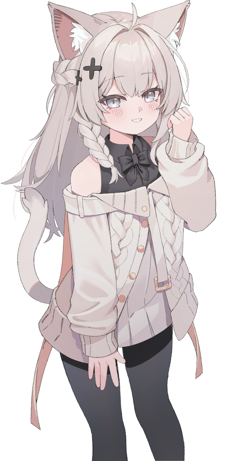 1girl, absurdres, ahoge, animal_ear_fluff, animal_ears, bare_shoulders, black_bow, black_bowtie