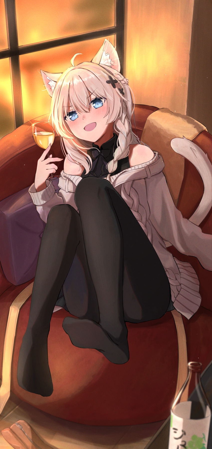 1girl, :d, absurdres, ahoge, alcohol, animal_ear_fluff, animal_ears, bare_shoulders