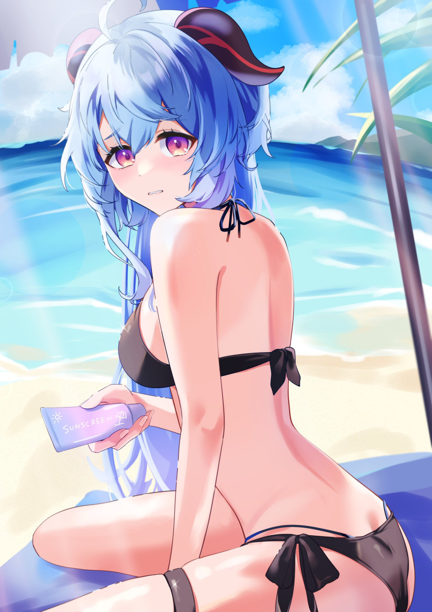 1girl, ass, back, bikini, black_bikini, blue_hair, blush, breasts