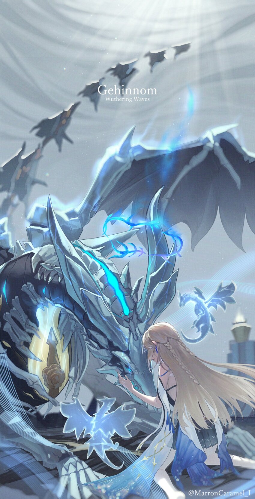 1girl, bare_shoulders, barefoot, black_collar, black_dress, blonde_hair, braid, caramelmarron