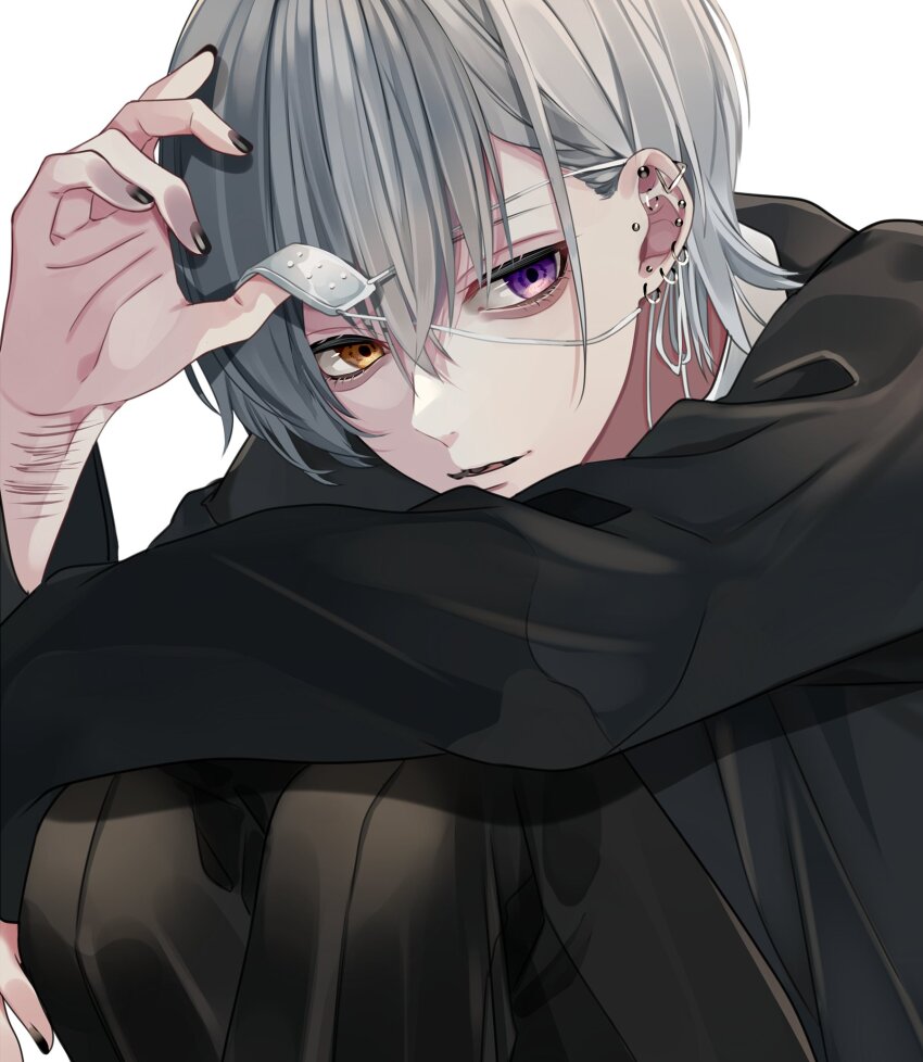 1boy, arm_on_own_leg, black_jacket, black_pants, earrings, eyepatch, grey_hair, hair_between_eyes