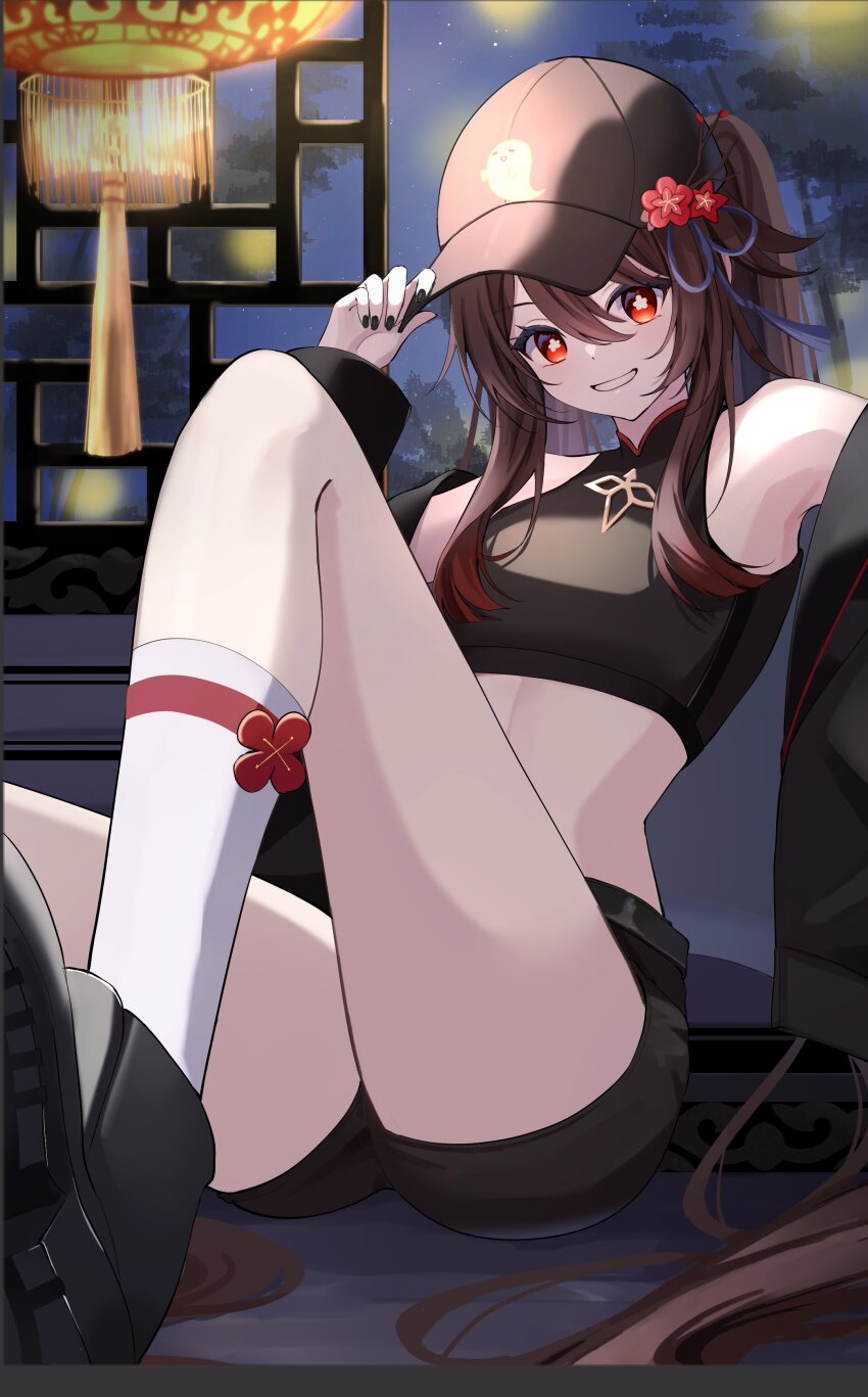 1girl, absurdres, alternate_costume, black_jacket, black_shoes, black_shorts, boo_tao_(genshin_impact), breasts, brown_hair, brown_hat, crop_top, flower-shaped_pupils, genshin_impact, hair_between_eyes, hat, highres, hu_tao_(genshin_impact), jacket, long_hair, looking_at_viewer, marufus, midriff, open_clothes, open_jacket, ponytail, red_eyes, shoes, shorts, smile, socks, solo, symbol-shaped_pupils, teeth, thighhighs, very_long_hair, white_socks, white_thighhighs