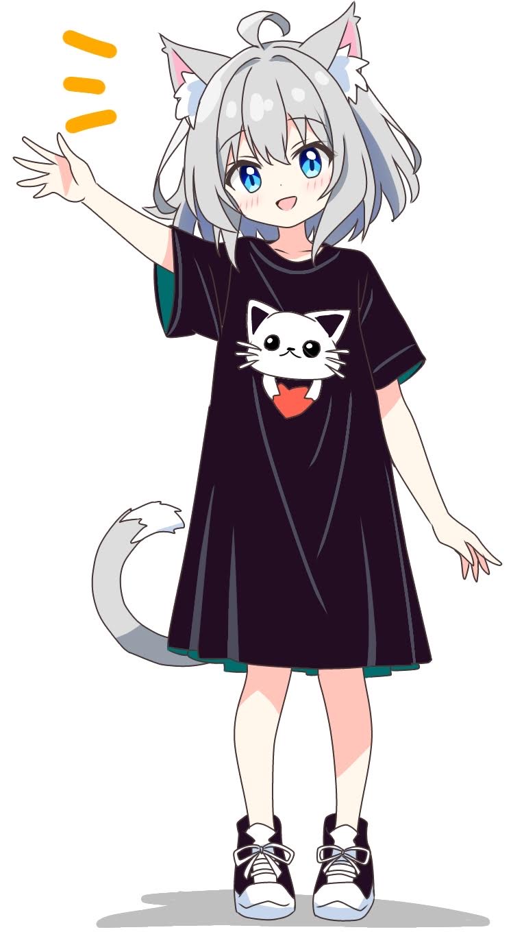 1girl, :d, ahoge, animal_ear_fluff, animal_ears, animal_print, black_shirt, black_shoes, blue_eyes, blush, cat_ears, cat_girl, cat_print, cat_tail, commentary_request, dot_nose, full_body, grey-haired_cat_girl_(kotatsu-mazoku), grey_hair, highres, kotatsu-mazoku, looking_at_viewer, notice_lines, open_mouth, original, outstretched_arm, oversized_clothes, oversized_shirt, print_shirt, shirt, shoes, short_hair, short_sleeves, simple_background, smile, sneakers, solo, standing, t-shirt, tail, white_background, wide_sleeves