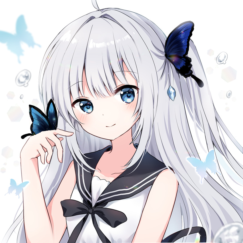 1girl, ahoge, black_bow, black_bowtie, black_sailor_collar, blue_eyes, bow, bowtie