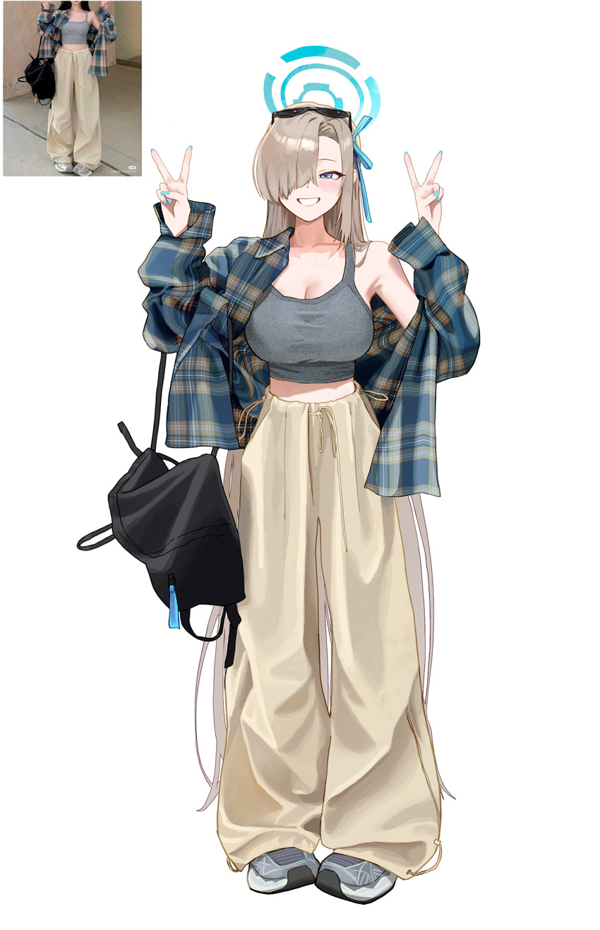 1girl, alternate_costume, aqua_ribbon, armpits, asuna_(blue_archive), asymmetrical_bangs, black_bag, blue_archive