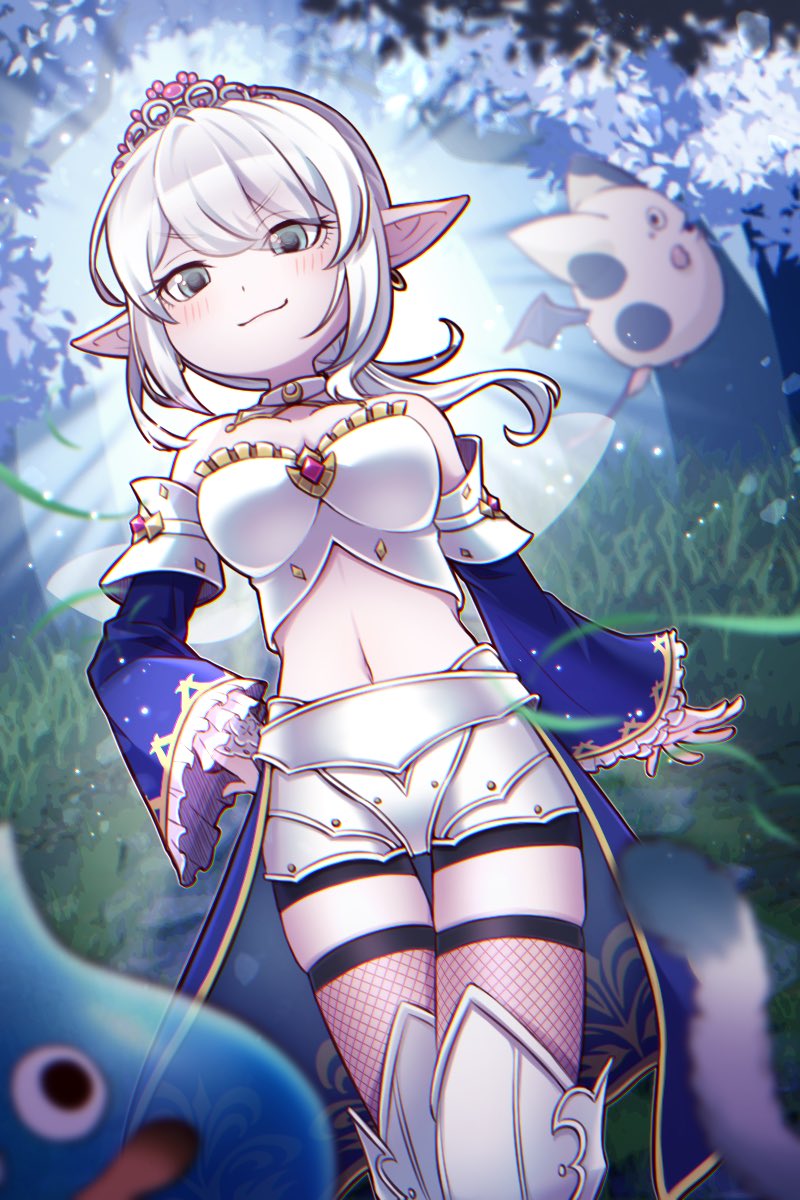 1girl, 3others, aqua_eyes, armor, bike_shorts, bike_shorts_under_shorts, black_shorts, blurry, breasts, cleavage, closed_mouth, colored_skin, commentary_request, cowboy_shot, depth_of_field, detached_collar, detached_sleeves, dragon_quest, dragon_quest_x, elf_(dq10), fairy_wings, fishnet_thighhighs, fishnets, floating_hair, forest, frilled_sleeves, frills, from_below, gem, gold_trim, grass, greaves, hand_on_own_hip, highres, looking_at_viewer, looking_down, low_ponytail, mami_(mamisan_www), medium_breasts, midriff, teeny_sanguini, multiple_others, nature, navel, open_mouth, outdoors, petite, pink_gem, pink_skin, platypunk, pointy_ears, ponytail, purple_sleeves, shirt, shorts, slime_(dragon_quest), smirk, smug, solo_focus, strapless, strapless_shirt, tail, thigh_gap, thighhighs, tiara, white_hair, white_shirt, white_shorts, wings