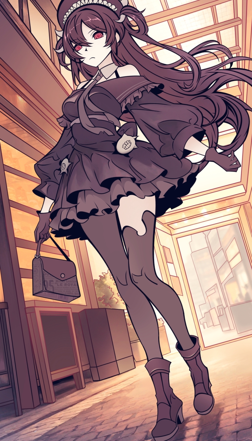 1girl, abyssal_ship, asymmetrical_legwear, bag, black_dress, black_gloves, black_hair, black_pantyhose