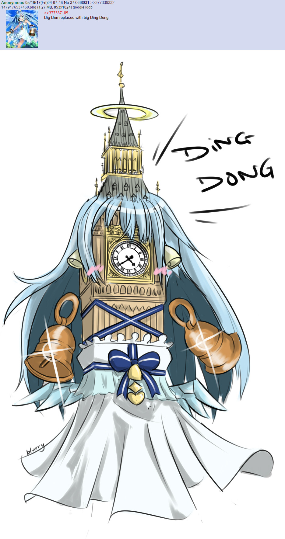 artist_name, bell, bell_earrings, blue_hair, blurryken, blush, dress, dual_wielding, earrings, elizabeth_tower, english_text, glint, halo, halterneck, highres, holding, jewelry, leah_(shadowverse), long_hair, screenshot_inset, shadowverse, white_dress, wings