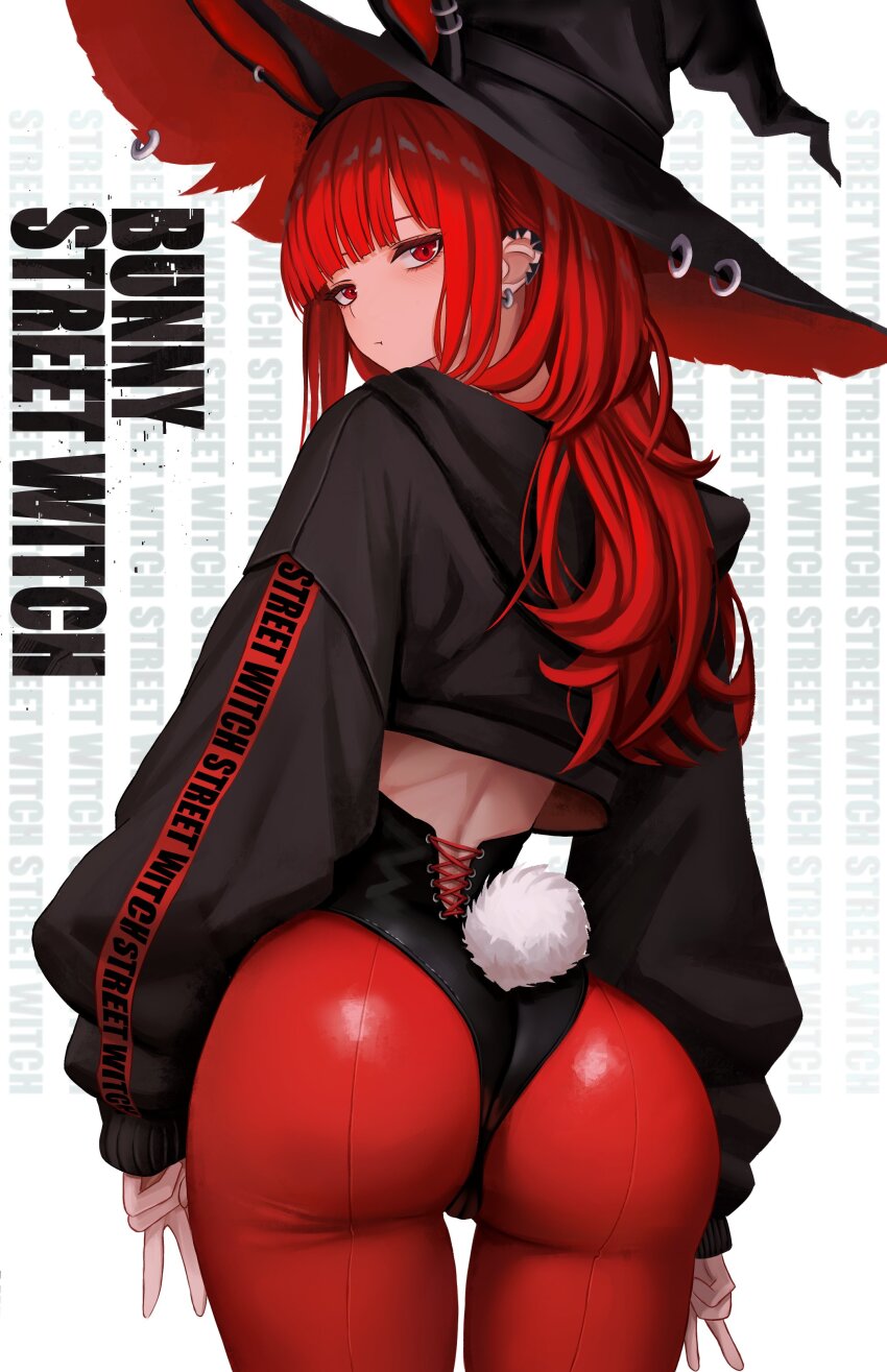 1girl, absurdres, animal_ears, ass, black_leotard, black_shrug, blunt_bangs, blush