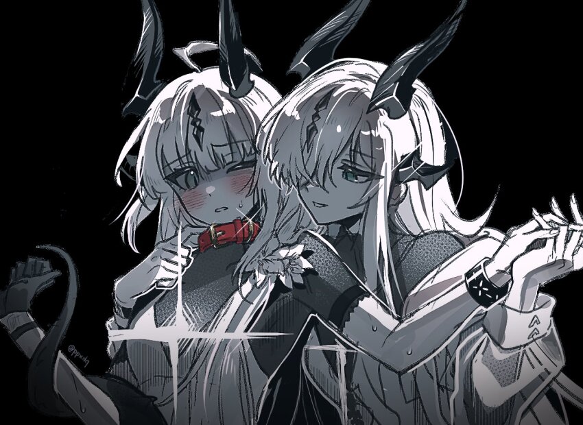 2girls, adjusting_collar, ahoge, animal_collar, arknights, backlighting, black_background, blush, bodystocking, bracelet, collar, dragon_girl, dragon_horns, dragon_tail, femdom, flower, front-to-back, frown, gloves, green_eyes, hair_over_one_eye, hair_over_shoulder, holding_hands, horns, incest, infection_monitor_(arknights), interlocked_fingers, jewelry, limited_palette, long_hair, long_sleeves, looking_at_another, looking_down, low_ponytail, multiple_girls, multiple_horns, necrass_(arknights), nervous, one_eye_closed, one_eye_covered, parted_lips, partially_shaded_face, ponytail, ppxdq, red_collar, reed_(arknights), reed_the_flame_shadow_(arknights), screentones, see-through_clothes, see-through_sleeves, shaded_face, simple_background, single_glove, slit_pupils, smile, sparkle, sweat, sweatdrop, tail, yuri