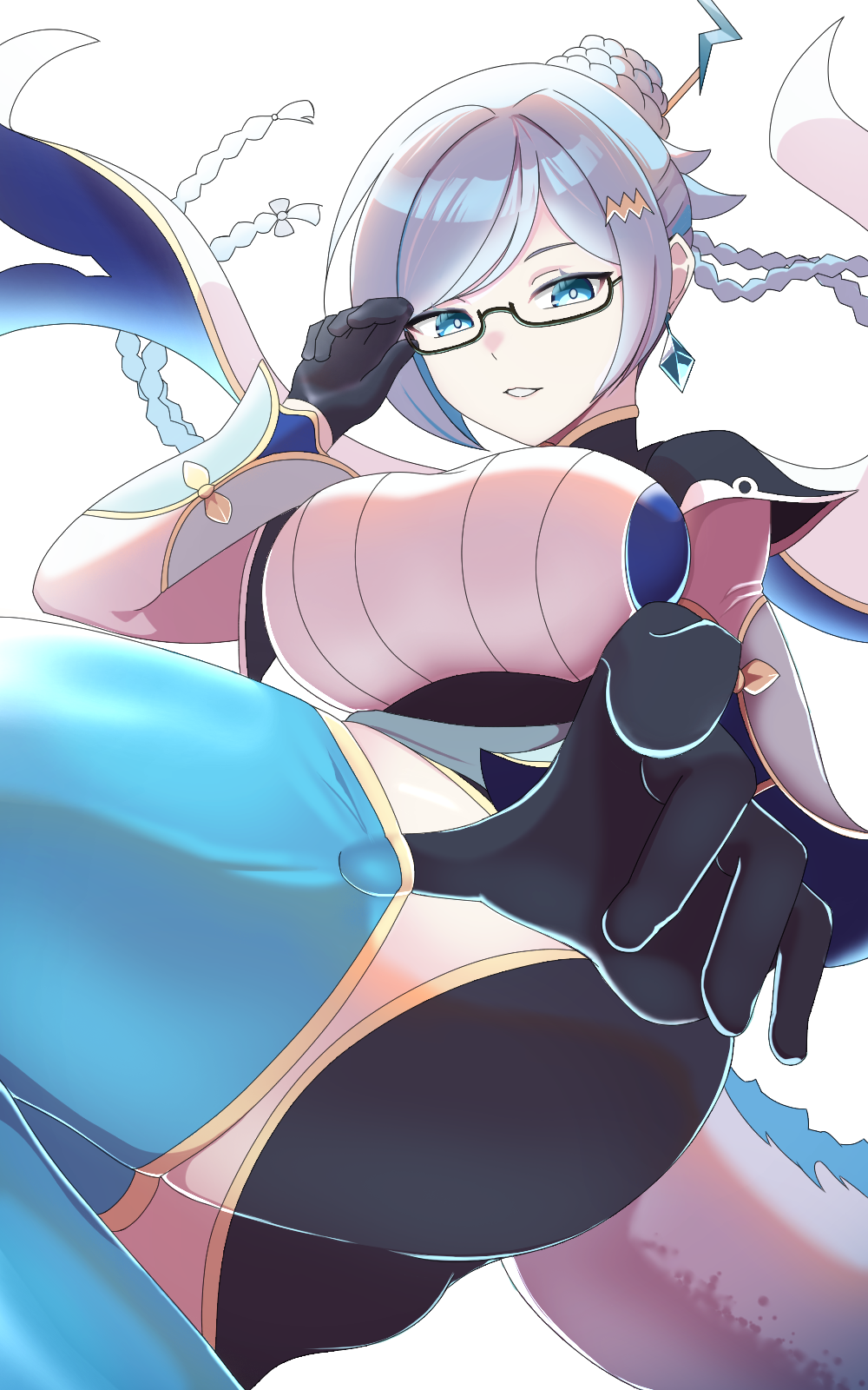 1girl, adjusting_clothes, ass, black_gloves, blue_eyes, blue_hair, blue_thighhighs, braid