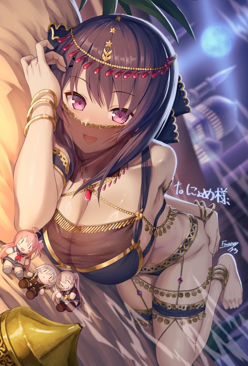 1girl, :d, alternate_costume, anklet, ao_no_kanata_no_four_rhythm, arabian_clothes, arisaka_mashiro, bare_shoulders