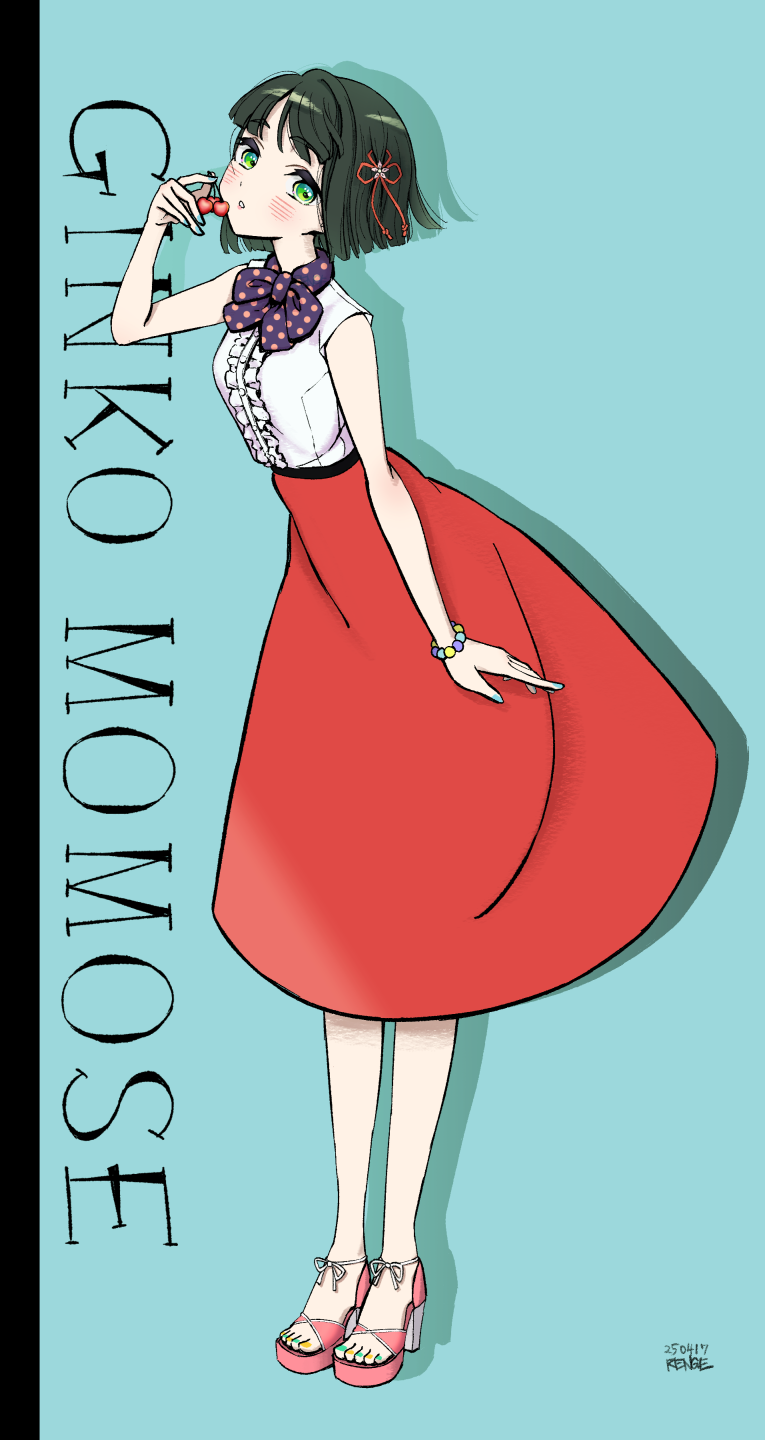 1girl, alternate_costume, artist_name, blue_background, blunt_bangs, blunt_ends, bob_cut, center_frills