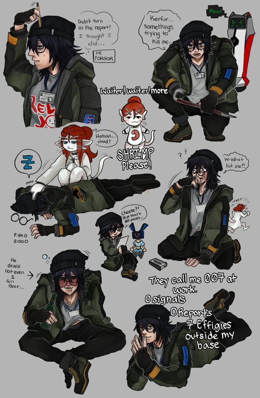 >_<, 1boy, alien, animal_ears, argemia_armuntela, ariral, beanie, beer_bottle, black_gloves, black_hair, black_pants, cat_ears, character_doll, colored_skin, crowbar, doll, dotted_clouds, dr_kel_(voices_of_the_void), drunk, english_text, fake_animal_ears, fingerless_gloves, gameplay_mechanics, glasses, gloves, green_eyes, grey_background, hat, high_ponytail, highres, holding, holding_crowbar, holding_pencil, kerfur_(voices_of_the_void), long_hair, non-humanoid_robot, open_mouth, pants, pencil, poking, ponytail, red_hair, robot, simple_background, sleeping, speech_bubble, tail, thought_bubble, voices_of_the_void, whiskers, white_skin