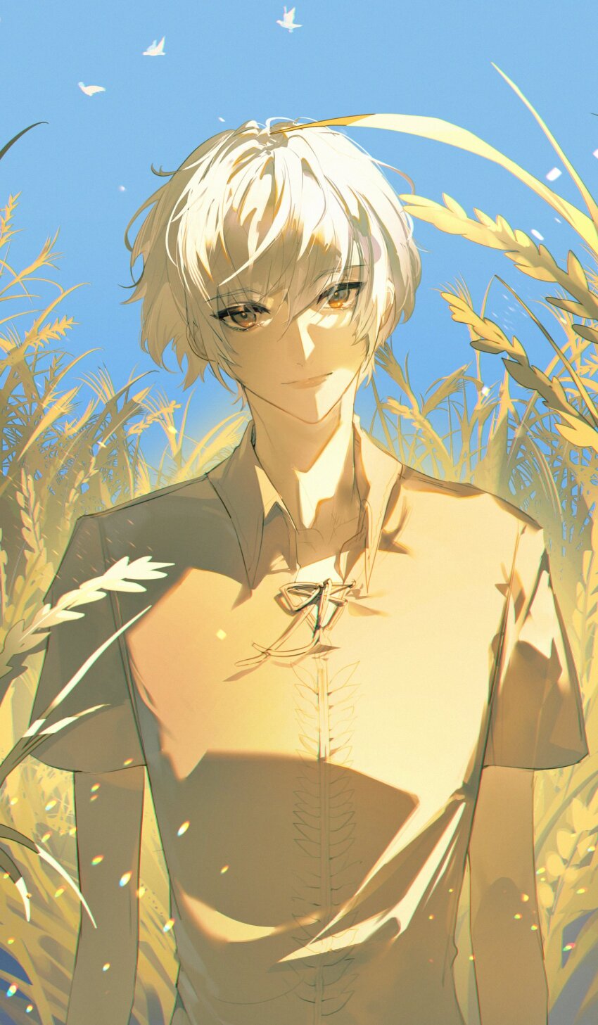 1boy, absurdres, anli_(noctilucent), bird, brown_eyes, chinese_commentary, closed_mouth, collared_shirt