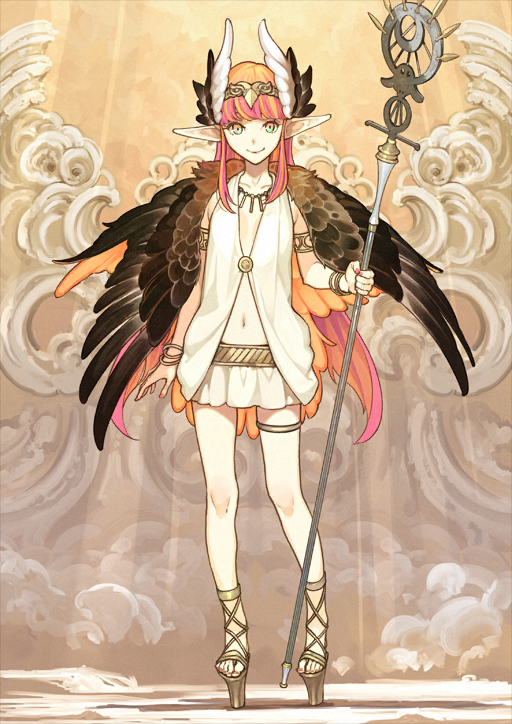 1girl, aqua_eyes, arm_at_side, armlet, bangle, bare_legs, belt, bird_wings