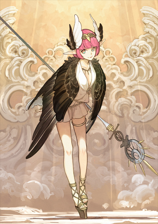 1girl, aqua_eyes, bare_legs, bird_wings, blunt_bangs, bowed_wings, breasts, brown_wings