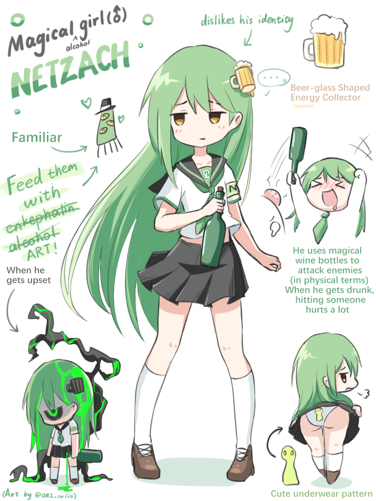 1boy, alcohol, ass, back-print_panties, beer, beer_hair_ornament, beer_mug, black_sailor_collar, black_skirt, bottle, brown_shoes, crossdressing, crossdressing_(mtf), cup, drunk, english_text, floor_of_art's_glowing_creature, green_hair, green_necktie, head_bump, kneehighs, library_of_ruina, lobotomy_corporation, long_hair, magical_girl, male_focus, midriff_peek, miniskirt, mug, multiple_views, necktie, netzach's_painting, netzach_(project_moon), ori_oriio, panties, pantyshot, pleated_skirt, print_panties, project_moon, sailor_collar, school_uniform, serafuku, shirt, shoes, skirt, socks, standing, straight_hair, trap, underwear, white_panties, white_shirt, white_socks, wine_bottle
