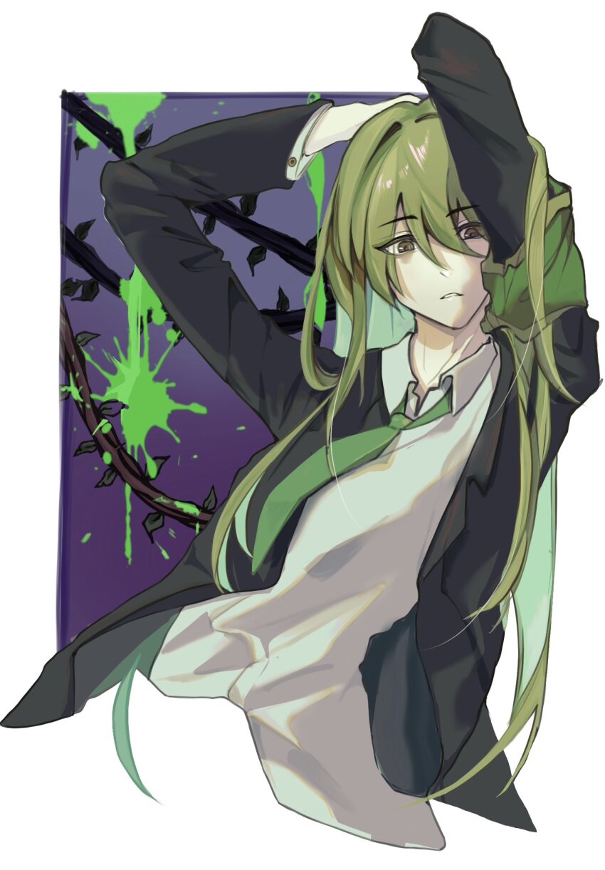 1boy, armband, arms_up, azusakuma, collared_shirt, cropped_torso, dress_shirt, green_armband