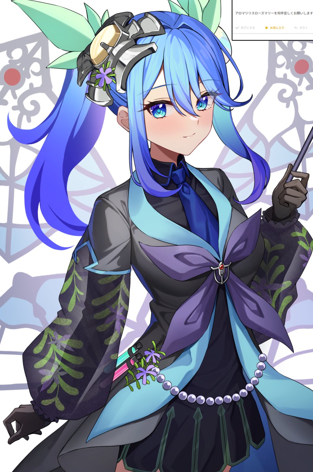 1girl, agibe, aromage_rosemary, aromalilith_rosemary, ascot, black_gloves, blue_ascot, blue_eyes