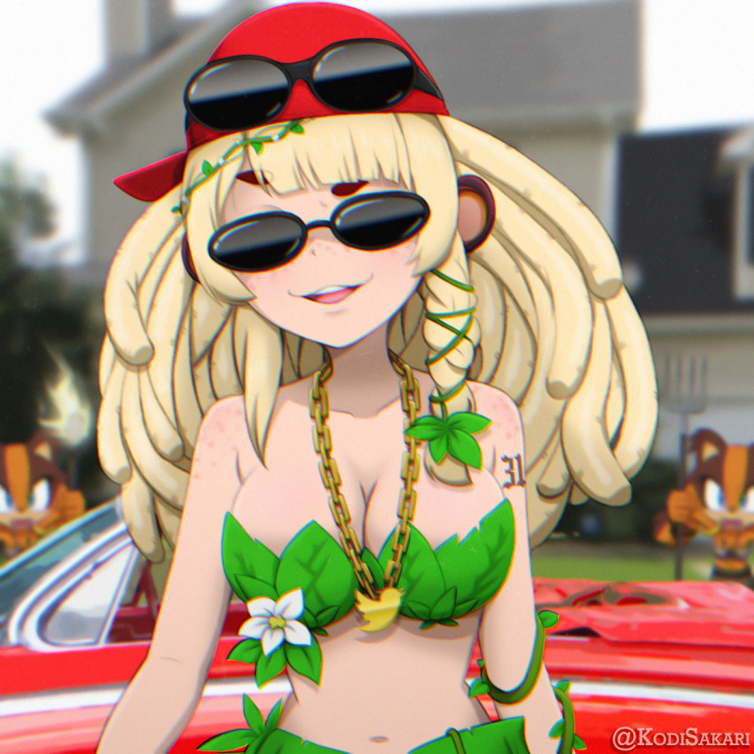 1girl, :d, artist_name, bananajuju, bare_arms, bare_shoulders, baseball_cap, bikini