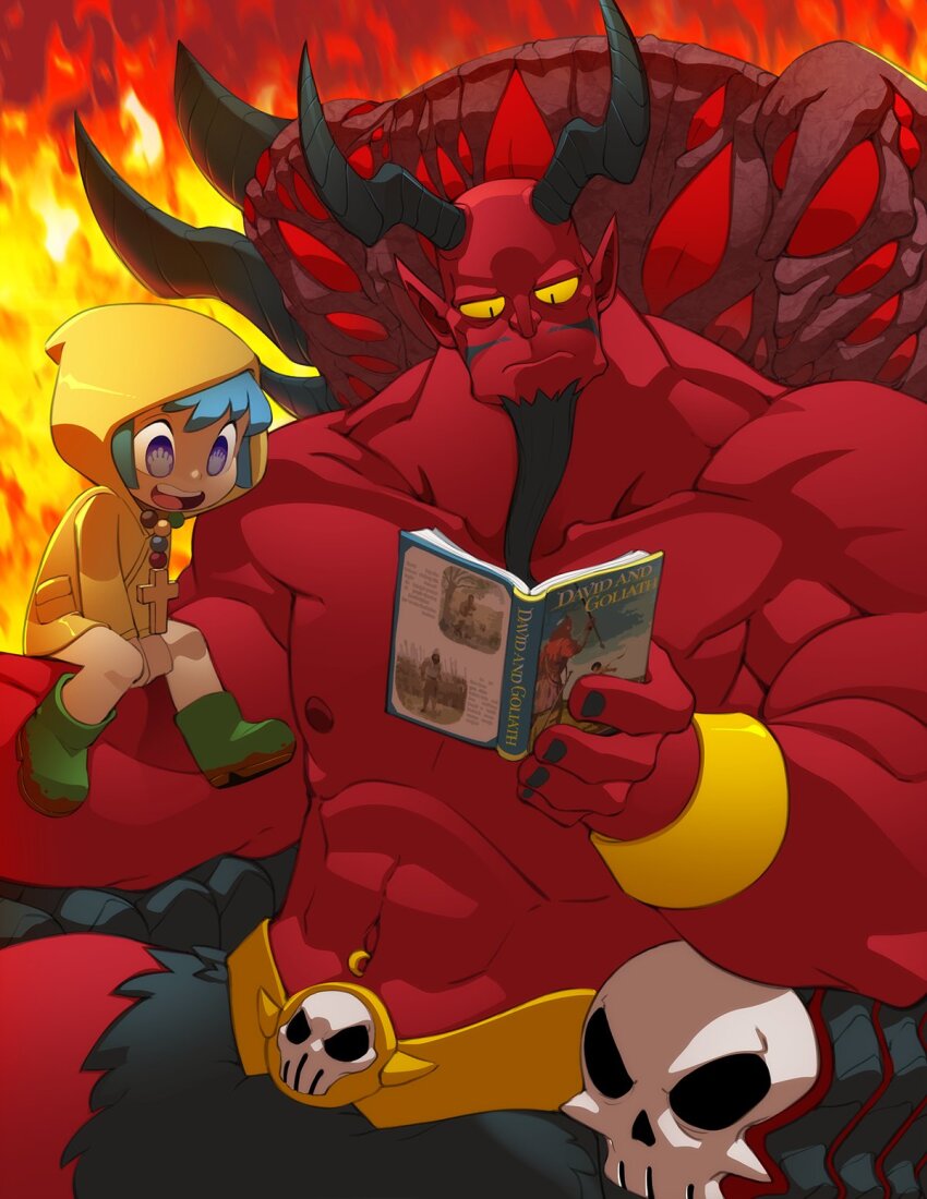 1boy, 1girl, bleedman, blue_eyes, boots, colored_skin, commentary, cross