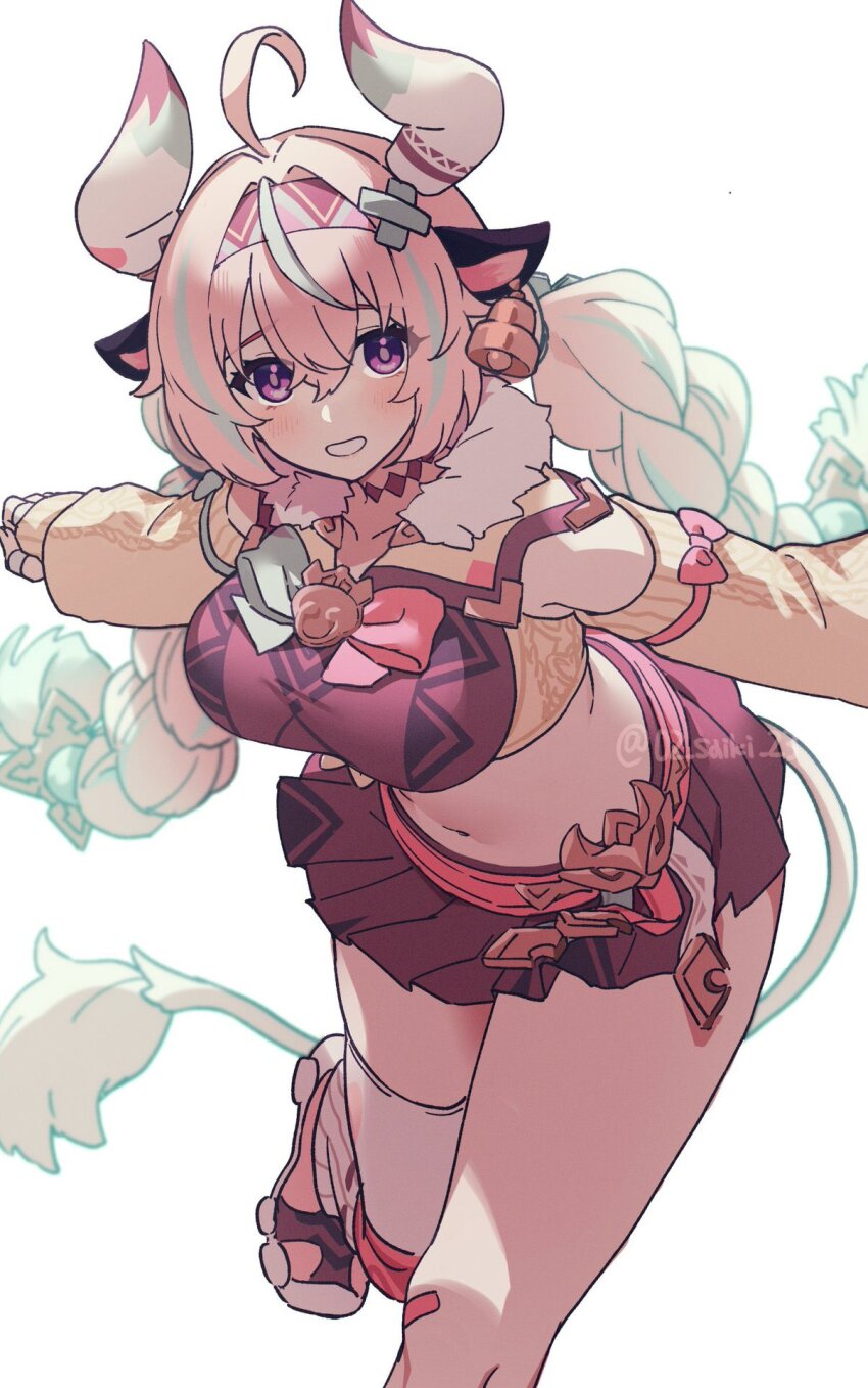 1girl, ahoge, animal_ears, braid, breasts, cow_ears, cow_horns, cow_tail