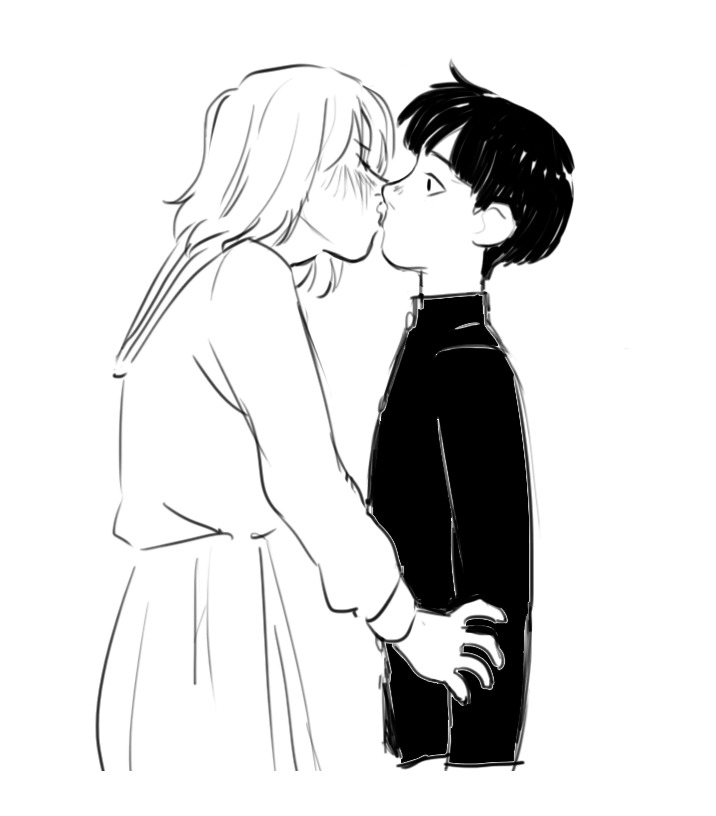 1boy, 1girl, black_hair, blush, bowl_cut, closed_eyes, couple, emi_(mob_psycho_100)