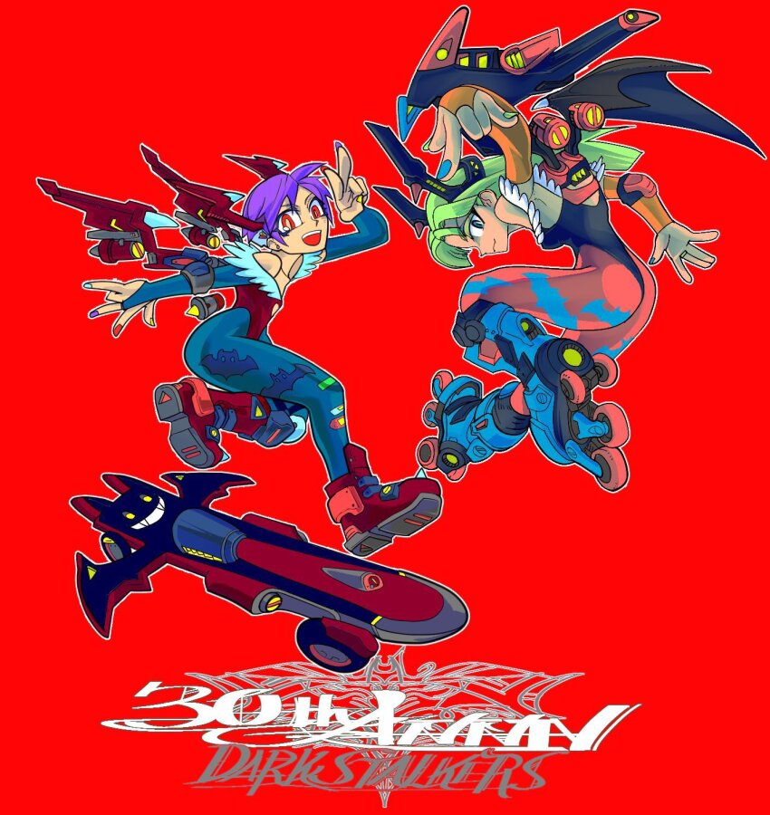 2girls, animal_print, anniversary, ass, bare_shoulders, bat_print, black_leotard, blue_pantyhose, breasts, darkstalkers, demon_girl, demon_wings, green_eyes, green_hair, head_wings, highres, inline_skates, leotard, lilith_(darkstalkers), long_hair, mechanical_wings, morrigan_aensland, multiple_girls, multiple_wings, nishi24_(hiroki_nishi), pantyhose, print_pantyhose, purple_hair, purple_pantyhose, red_background, red_eyes, red_leotard, roller_skates, short_hair, simple_background, skateboard, skates, v, wings