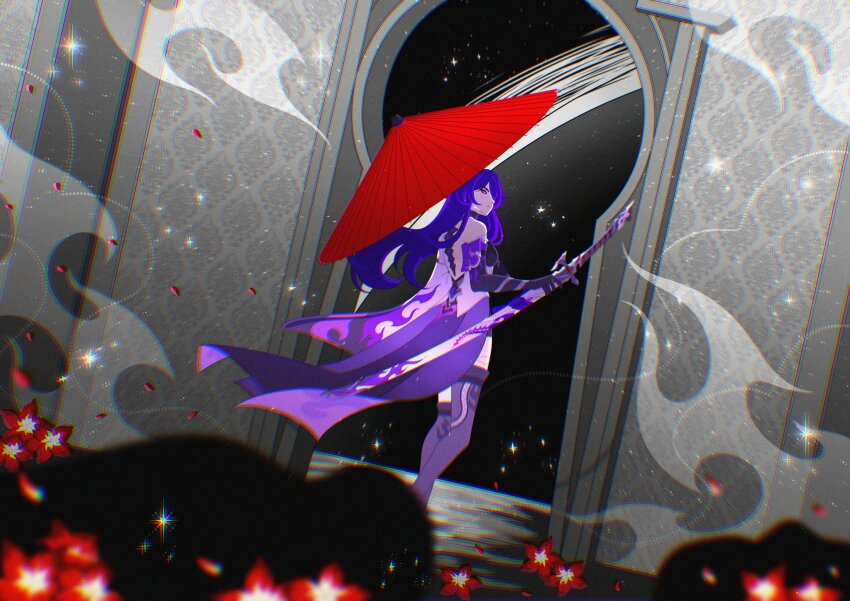 1girl, acheron_(honkai:_star_rail), armor, chromatic_aberration, closed_mouth, ffluvy, flower, from_behind