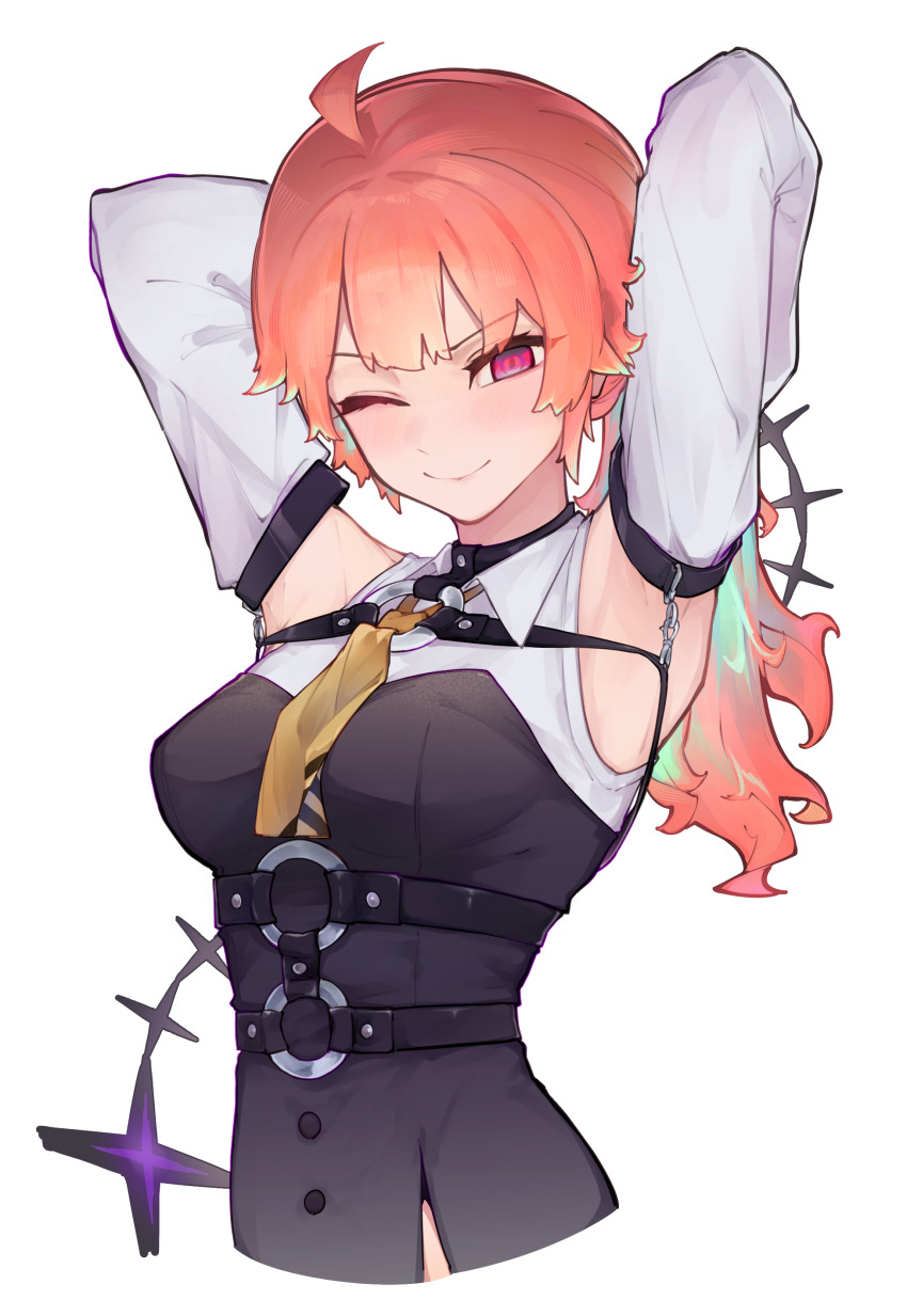 1girl, absurdres, ahoge, alternate_costume, armpits, arms_up, cosplay, gradient_hair