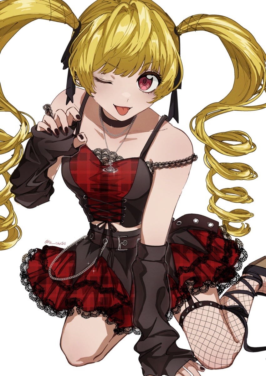 1girl, aged_down, biscuit_krueger, black_nails, blonde_hair, breasts, cleavage, goth_fashion