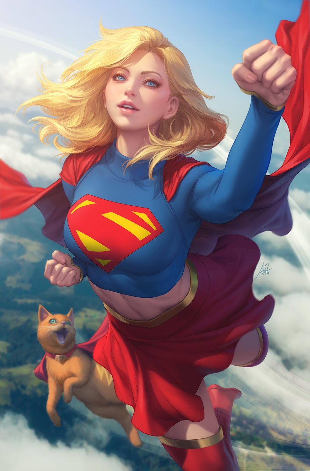 1girl, blonde_hair, boots, cape, cat, comic_cover, crop_top, dc_comics