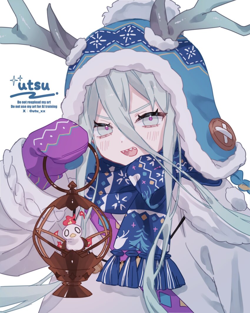 1girl, antler_ornament, antlers, horns_through_headwear, beanie, blue_hat, blue_scarf, fate/grand_order