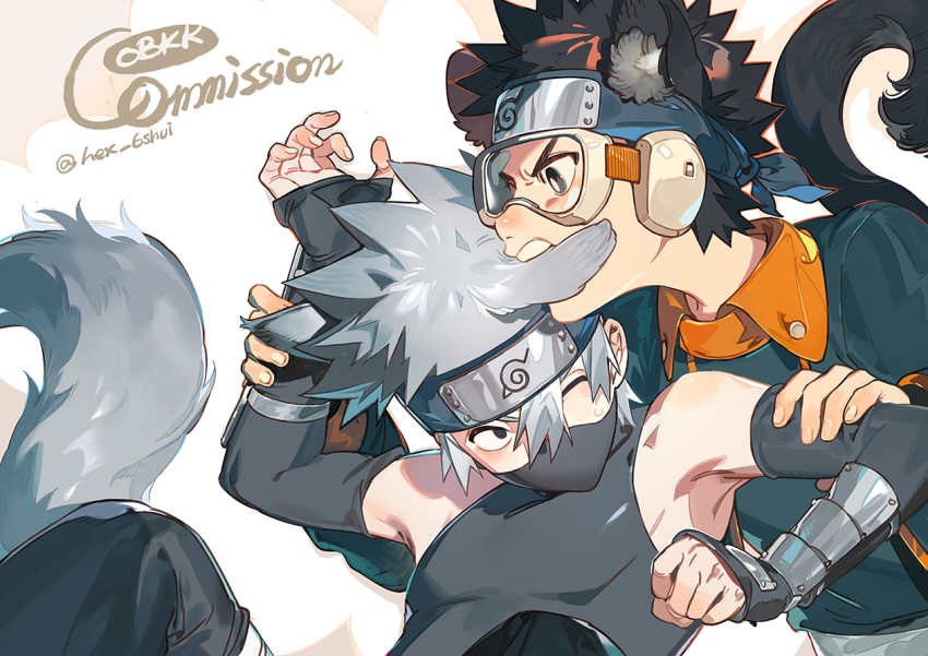 2boys, aged_down, animal_ears, bare_shoulders, biting, biting_ear, black_hair, blue_jacket