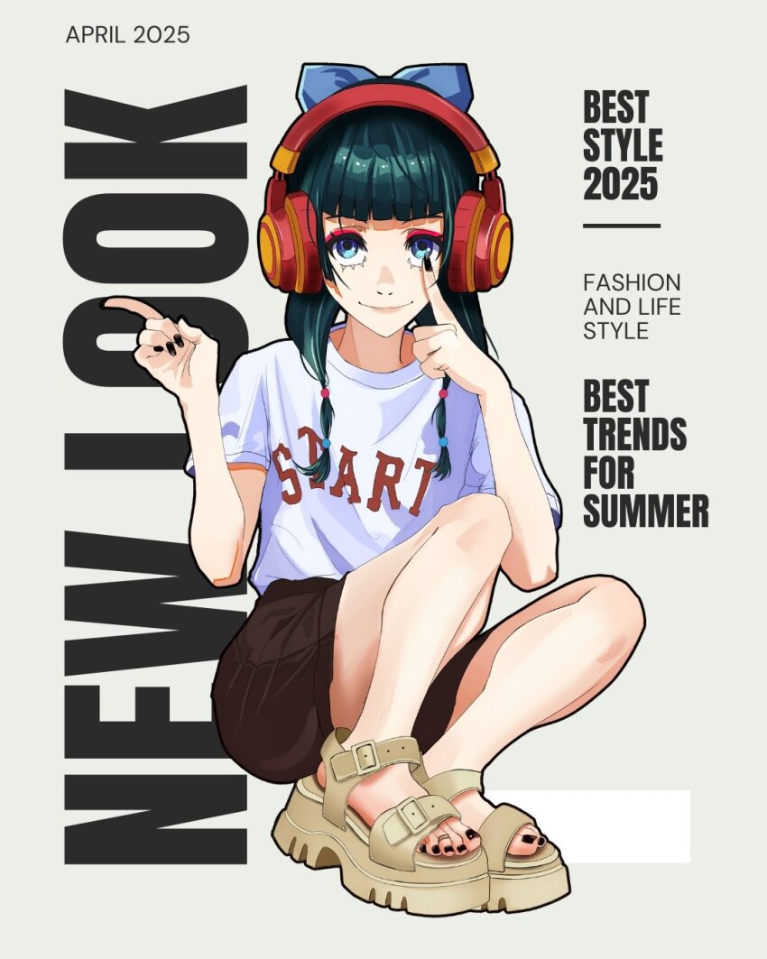 1girl, alternate_costume, bare_legs, black_nails, blue_bow, blue_eyes, blunt_bangs, bow