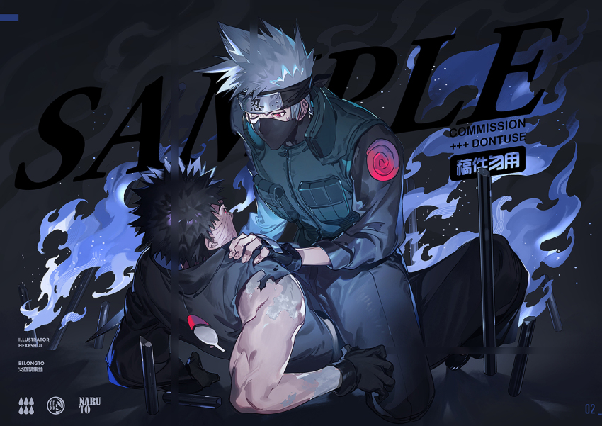 2boys, black_gloves, black_hair, boy_on_top, colored_skin, commission, fingerless_gloves, forehead_protector