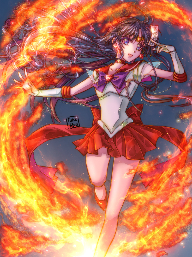 1girl, artist_name, back_bow, bishoujo_senshi_sailor_moon, black_hair, blue_background, blue_eyes, bow, brooch, choker, circlet, commentary_request, earrings, elbow_gloves, fire, floating_hair, foot_out_of_frame, gloves, gold_circlet, hand_up, heart, heart_brooch, hino_rei, holding, holding_ofuda, jewelry, leotard, long_hair, magical_girl, ofuda, open_mouth, outstretched_arm, purple_bow, pyrokinesis, red_bow, red_choker, red_sailor_collar, red_shoes, red_skirt, sailor_collar, sailor_mars, sailor_senshi_uniform, shoes, short_sleeves, skirt, standing, standing_on_one_leg, star_(symbol), star_choker, super_sailor_mars, tuka_ryo, white_gloves, white_leotard