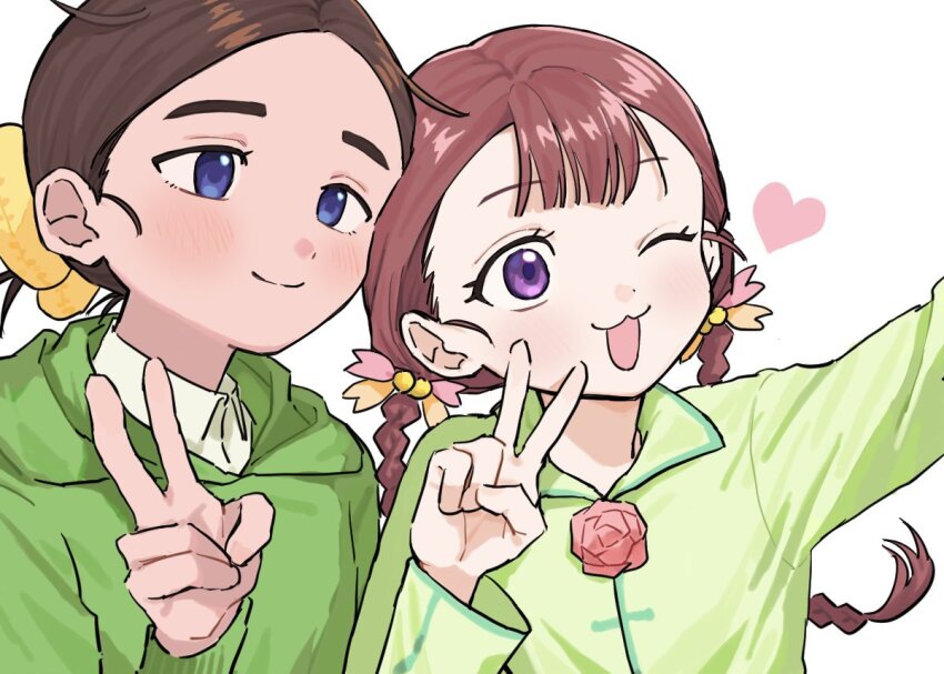 2girls, :3, blue_eyes, blush, braid, brown_hair, commentary, green_jacket, heart, jacket, kamoto_suzu, kishotaku, long_hair, medalist_(manga), multiple_girls, one_eye_closed, open_mouth, purple_eyes, red_hair, selfie, simple_background, smile, v, white_background, yamato_ema