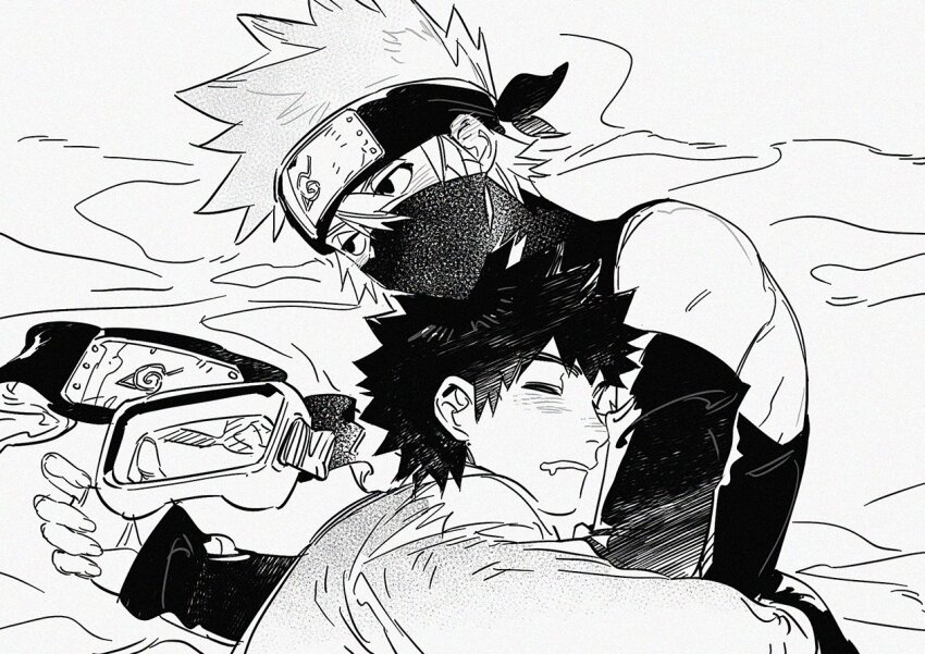 2boys, aged_down, bare_shoulders, blush, closed_eyes, commentary, drooling, forehead_protector