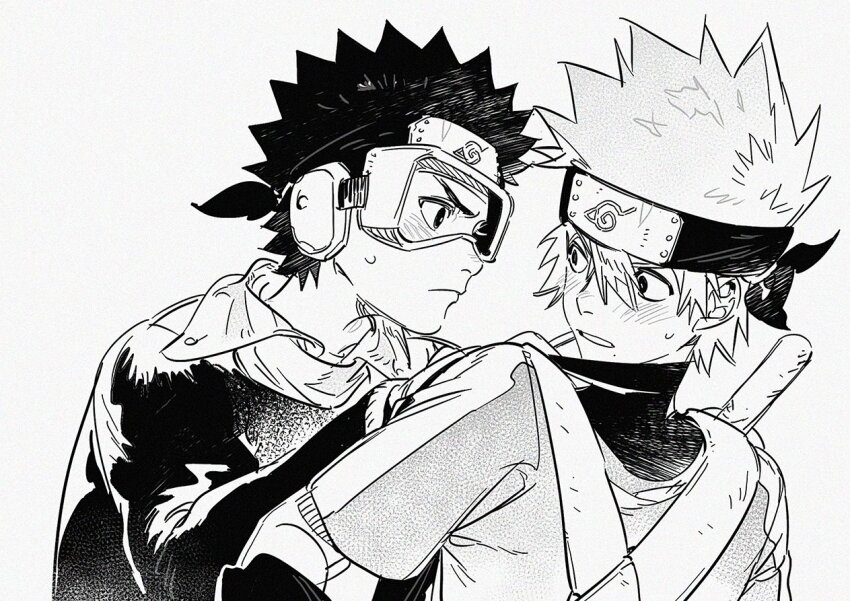 2boys, aged_down, closed_mouth, commentary, forehead_protector, goggles, hatake_kakashi, hex_6shui