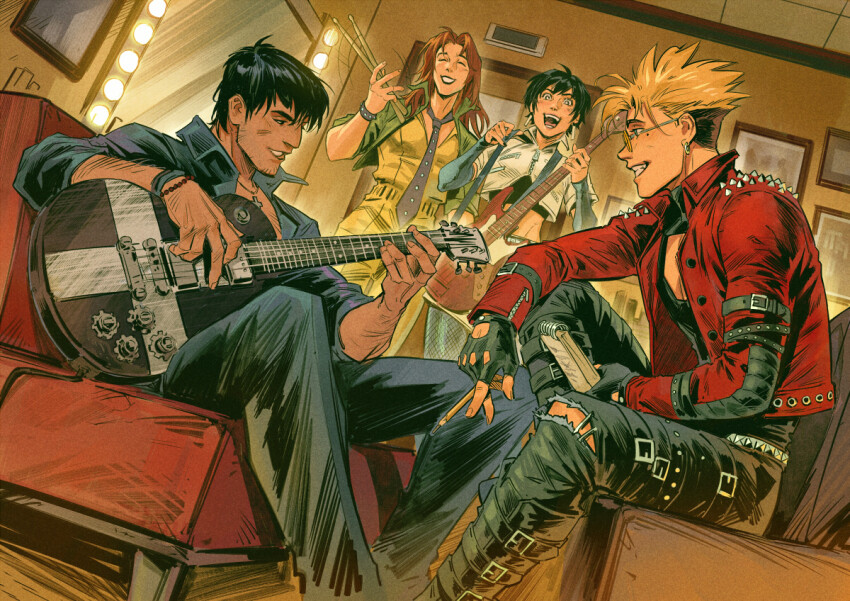 2boys, 2girls, black_hair, cross, dark-skinned_male, dark_skin, guitar, holding